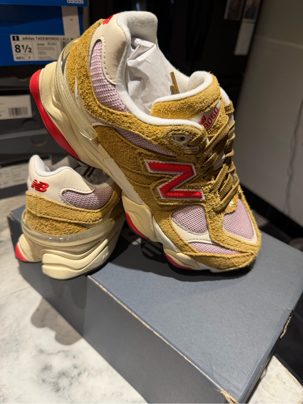 New Balance mustard suede and pink mesh low-top trainers 9060